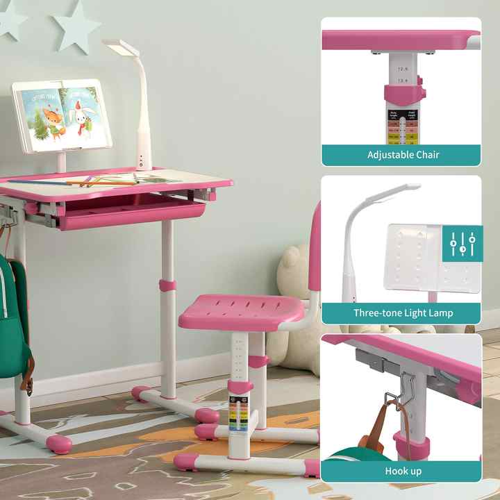 Height Adjustable pink kids Study Table and Chair Set kids Desk with ...