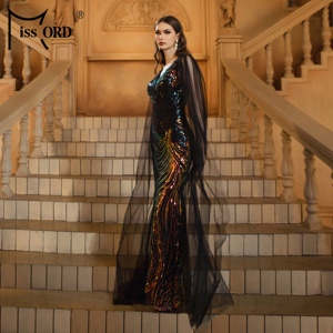 Mantella manica sirena <span class=keywords><strong>nero</strong></span> <span class=keywords><strong>paillettes</strong></span> lunghi eleganti abiti da sera di lusso per le donne - Product Image 5