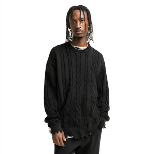 <span class=keywords><strong>Pull</strong></span> en maille torsadée délavée pour homme en <span class=keywords><strong>noir</strong></span> avec détails de surpiqûres blanches, col effiloché et coupe ample - Product Image 5