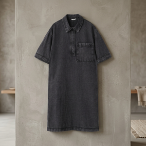 Vestido Túnica Holgado de Mezclilla Ligera 100% Algodón de 5.2 Oz para Mujer, Manga Corta, con Bolsillos, Lavado a la Piedra, Color Negro - Product Image 3