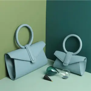 New Fashion Candy Color Ring Handle Envelope Shape Handbag Genuine Leather Pocket Shoulder Bag