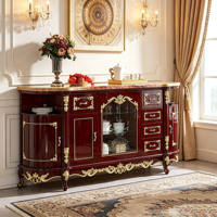 Buffet de luxe européen en bois massif avec plateau en marbre, meuble de rangement sculpté pour salle à manger, vente en gros