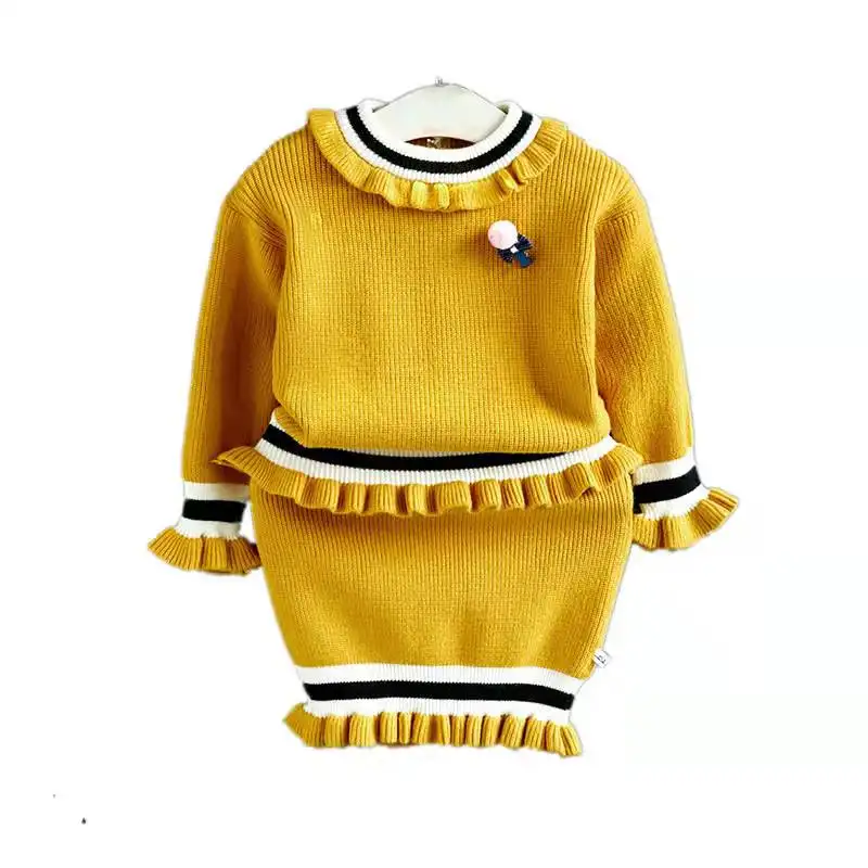 Hao Baby Girls Anzüge für Kinder Herbst New Knit Sweater Kinder Outfits Streifen Kleidung Matching Lace Zweiteilige Sets