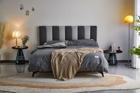 Lit coffre design moderne vintage en bois italien, meubles de chambre à coucher, lit capitonné incurvé