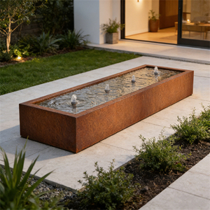 Fontaine d'eau rectangulaire autoportante Gnee Garden en acier corten noir brossé avec éclairage LED et système de recirculation d'eau pour jardin - Product Image 5