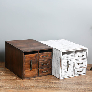 American Style Desktop Storage Box With Drawers Jewelry Organizer Retro Brown And Whitewash Finish - Product Image 1