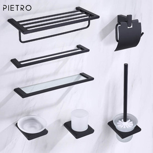 Set di Accessori da Bagno Moderni ed Ecologici in Acciaio Inox Nero, Montaggio a Parete, per Hotel e Casa - Product Image 1