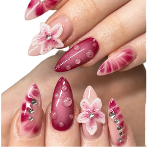 24 Uñas Postizas Románticas <span class=keywords><strong>de</strong></span> <span class=keywords><strong>Color</strong></span> <span class=keywords><strong>Rosa</strong></span>, Diseño Floral 3D con Detalles <span class=keywords><strong>de</strong></span> Cristal, Uñas a Presión, Personalizables - Product Image 2