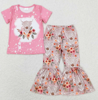 Ensemble 2 pièces pour petites filles Western Cowgirl, imprimé tête de taureau et cactus, manches courtes, pantalon à volants et bas évasé