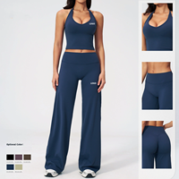 Ensemble 2 pièces de sport pour femme : débardeur licou et pantalon droit à jambes larges, effet seconde peau, pour le yoga, le fitness, la gym et les tenues décontractées