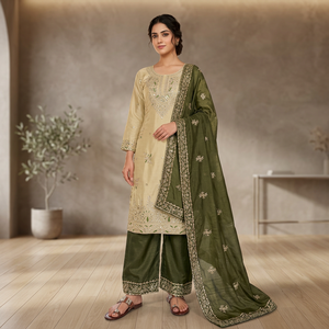 Ensemble Kurta brodé crème avec dupatta violet, tenue ethnique traditionnelle indienne et pakistanaise pour femmes, longueur au sol - Product Image 4
