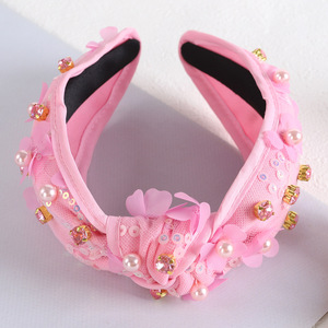 Serre-tête en tissu rose ZhenXi avec perles, strass et fleurs – Coiffe élégante pour femme - Product Image 1