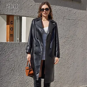 Women's Slim Pu Leather Coat Long Coat With Belt Women's Leather Trench Coats