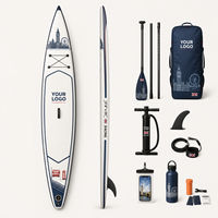 Planche de SUP de course haute performance de 14 pieds en PVC double couche avec système à 3 ailerons, écologique, logo personnalisé, planche à pagaie à glisse rapide pour acheteurs B2B