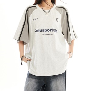 T-shirt sportiva estiva in maglia pesante con logo patchwork a maniche corte per uomo e donna, abbigliamento casual per coppie - Product Image 6