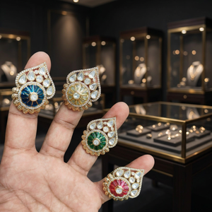 Anillo Ajustable de Lujo Chapado en Oro con Diseño de Pavo Real y Paisley Kundan para Mujer |   Anillo de cóctel llamativo con diamantes americanos y esmalte CZ | - Product Image 2