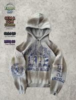 Sweat à capuche court zippé vintage délavé et déchiré avec imprimé graphique délavé pour tenues streetwear