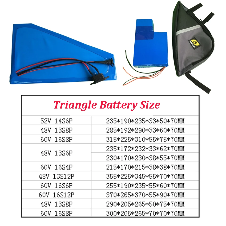 Triangle battery 36v 48v 52v 60v 72v triangle ebike battery large capacity electric bicycle battery for ebike conversion kit
