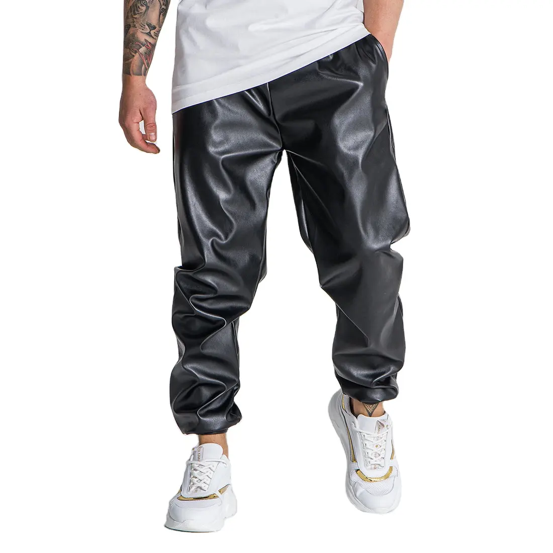new fashion design loose fit custom wholesales mens black leather jogger pants