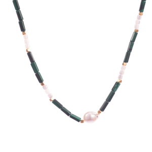 <strong>Emerald</strong> Green Jade Cylinder <strong>Beads</strong> with White Spacer &amp; Small Baroque <strong>Pearl</strong> Necklace for Women Fashion <strong>Jewelry</strong> - Product Image 1