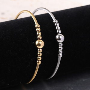 Bracelet en acier inoxydable avec perles rondes de 3 mm, symétrique, ouvrable, élastique, en acier titane, bijoux pour femmes, cadeau - Product Image 2