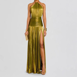 plain gold dress Off the Shoulder Gold A-Line Metallic Pleated Long Formal Gown Gold / 14 main image 1