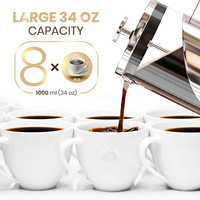 34oz Presse Française Cafetière, Niveau 4 Système De Filtration, 304 En Acier inoxydable de qualité, En Verre Borosilicaté Résistant à la Chaleur