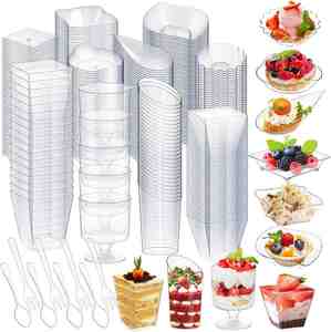 Gobelets miniatures 2OZ 5OZ en plastique PS rigide avec cuillère, pour desserts, vin, shots, pudding, crème glacée, yaourt, mousse, idéaux pour les fêtes - Product Image 1