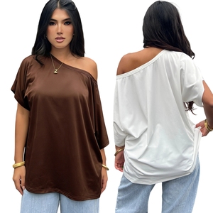 เสื้อยืดแขนสั้นทรงหลวมแบบถัก สีพื้นเรียบง่าย สไตล์ลำลองสำหรับฤดูร้อน  แบบเปิดไหล่  สามารถปรับแต่งได้ สำหรับผู้หญิง - Product Image 1