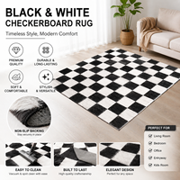Tapis d'intérieur classique à carreaux noir et blanc lavable, à poils ras, léger, avec envers antidérapant, tissé plat, pour salon