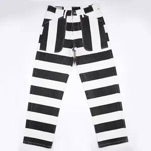 DiZNEW High Street Vintage Motorcycle Trousers Heavyweight Prisoner Canvas Striped Jeans Pants