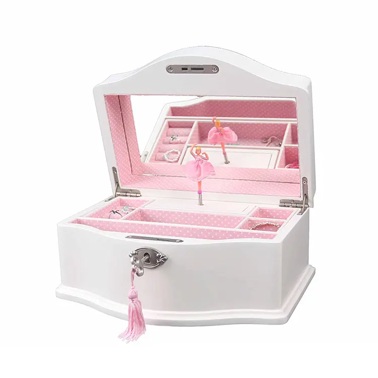 Children ballerina white jewelry box with lock girls gift musical jewellery case