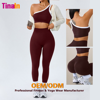 Ensemble deux pièces sans couture pour femme : Crop top asymétrique à bordure contrastante et Legging taille haute push-up, fabrication directe usine, marque privée OEM
