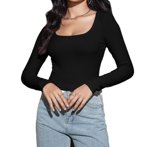 Haut court à manches longues pour femmes avec <span class=keywords><strong>col</strong></span> carré T-shirt à manches longues à la mode décontractée personnalisé pour les fabricants de vêtements pour femmes - Product Image 1