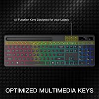 Clavier et souris sans fil 2,4 G silencieux, fin, pour jeux, avec rétroéclairage RVB, taille standard, combo, support pour tablette et téléphone, touches multimédias