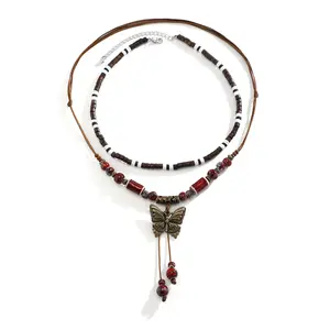 Fashion Bohemia Colorful Choker Necklace For Women Geomery Alloy Butterfly Wood Beads Vintage Turquoise Ornaments Jewellery