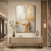 Peinture à l'huile abstraite verticale de luxe faite à la main en acrylique avec feuille d'or neutre, texture épaisse, sur toile encadrée, pour entrée de villa