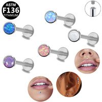 Pendiente de titanio ASTM F136 con circonita y ópalo, corte Asscher, rosca interna, para perforación de oreja, labret de boda