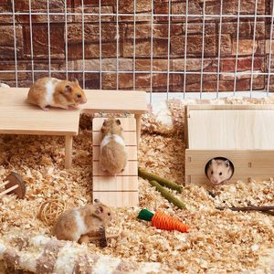 Plateforme en bois naturel pour hamster et cachette multi-chambres, tunnel <span class=keywords><strong>labyrinthe</strong></span> à couvercle rabattable, accessoires de cage, décor de habitat pour petits animaux - Product Image 2