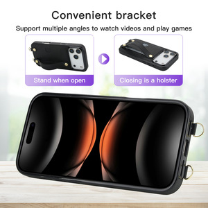 Funda de Teléfono de Cuero y TPU con Correa para Muñeca y Ranura para Tarjetas para <span class=keywords><strong>iPhone</strong></span> 17 Pro Max 16 17E 15 con Correa Cruzada - Product Image 5
