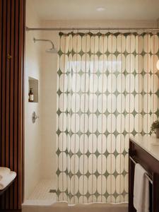 Cortina de Ducha Geométrica Ovalada Verde Oliva Beige Estilo <span class=keywords><strong>Bauhaus</strong></span>, Resistente a la Decoloración y a las Manchas - Product Image 6