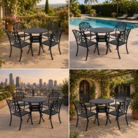 Ensemble de table à manger d'extérieur en aluminium moulé en 5 pièces avec quatre fauteuils ornés de sculptures pour jardin et terrasse