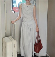 Ensemble Complet de Costume d'Été Rayé Style Français pour Femme - Haut Sans Manches en Polyester Longueur Mi-Mollet Super Tendance Tenue 2026