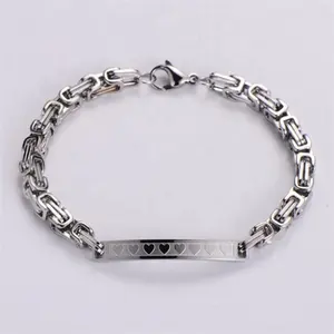 Yiwu Aceon Stainless Steel Byzantine Link Chain Women Curved ID Heart Embossed Curved Bar Strong Chain Bracelet