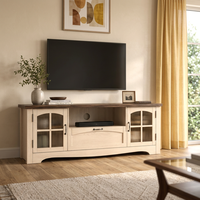 Soporte de TV de Dos Tonos Estilo Rústico para TV de 60-64 Pulgadas, OEM ODM, con Puertas de Vidrio Acanalado, Estante para Barra de Sonido, Cajón y Base Arqueada