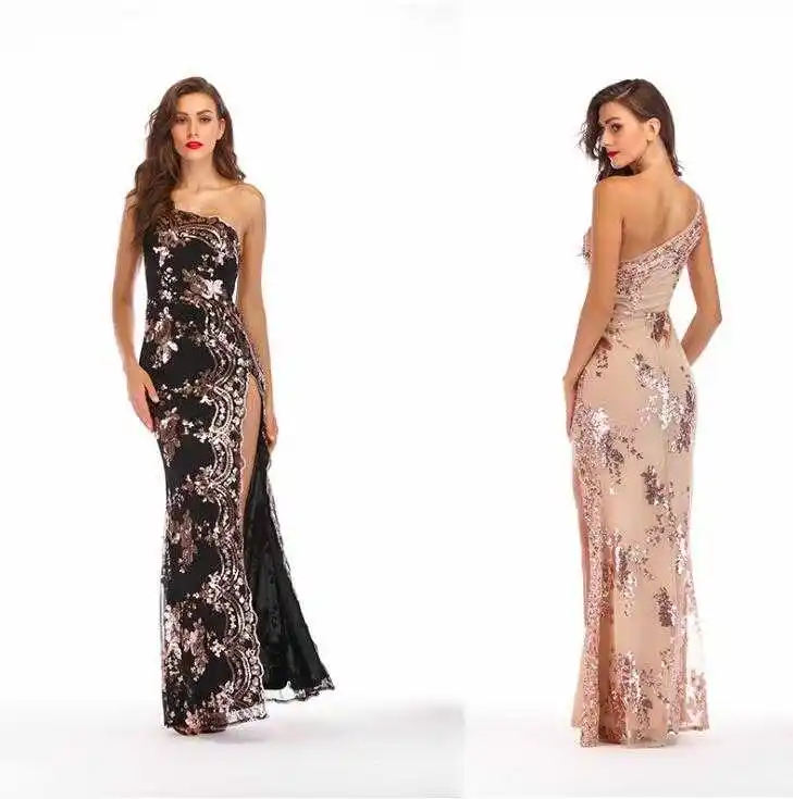 2019 europeo y americano modelos con lentejuelas de comercio exterior sexy espalda abierta oblicua vestido de hombro de split tenedor largo vestido