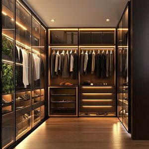 Armoire <span class=keywords><strong>de</strong></span> chambre à coucher intelligente et luxueuse sur mesure avec portes en verre et bande LED pour chambres modernes, avec étagères intégrées pour chaussures - Product Image 1