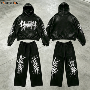 Women's High Quality 400GSM Streetwear Cropped Pullover <strong>Sweatshirt</strong> &amp; Wide Leg Pants Set Custom Fleece Loungewear - Product Image 1