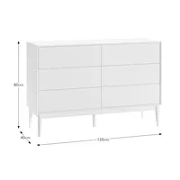 Commode blanche de style mid-century à 6 tiroirs, commode à pieds en bois, grand meuble de rangement pour vêtements de chambre