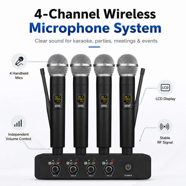 KU44 4 Channel Wireless Microphone System UHF for Sing High Quality Microphone System Pro Audio for Live Stage, Band Rehearsal